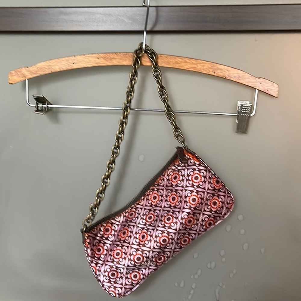 J Crew clutch purse, printed silk, chain handle.